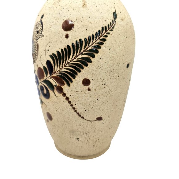Mexican Tonala Pottery Vase Bird & Floral Design Beige Brown Blue - Picture 4 of 16